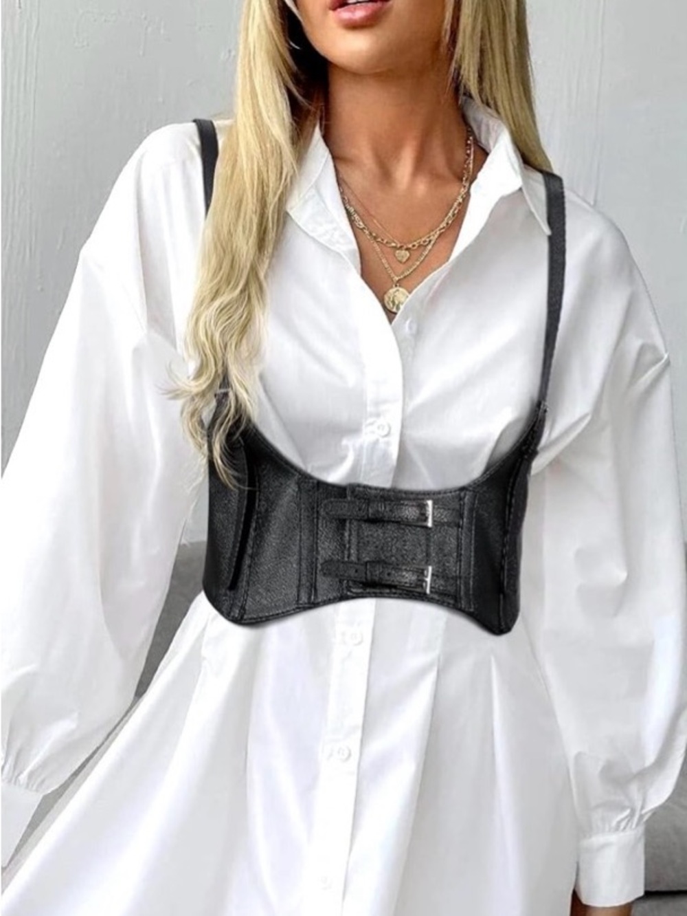 Waist Belt Steampunk Underbust Corset Belt Faux Black Leather Silver Buckle - Picture 2 of 9